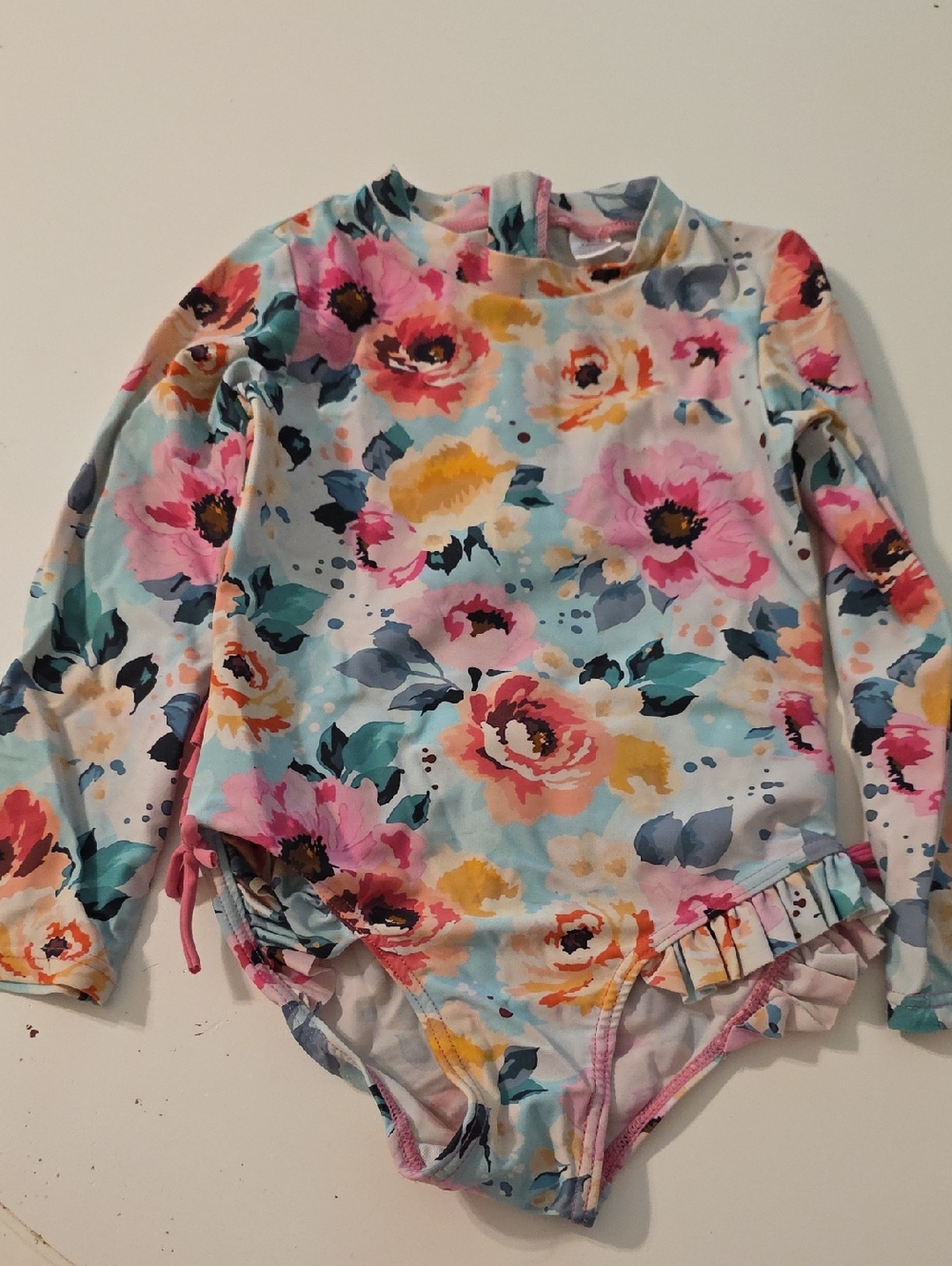 Kids Floral Long-Sleeve Swim One-Piece - Pastel Multicolor